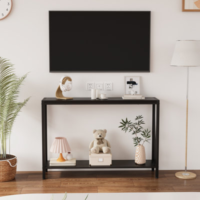 Console l 42,9 po x P 9,8 po x H 30,1 po avec long plateau de présentation pour l'entrée, le couloir ou le canapé derrière, finition noire