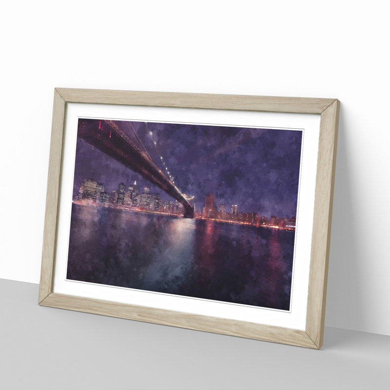 Brooklyn Bridge In New York City Painting - Single Picture Frame Print on MDF, Oak, 33cm H x 45cm W x 2cm D