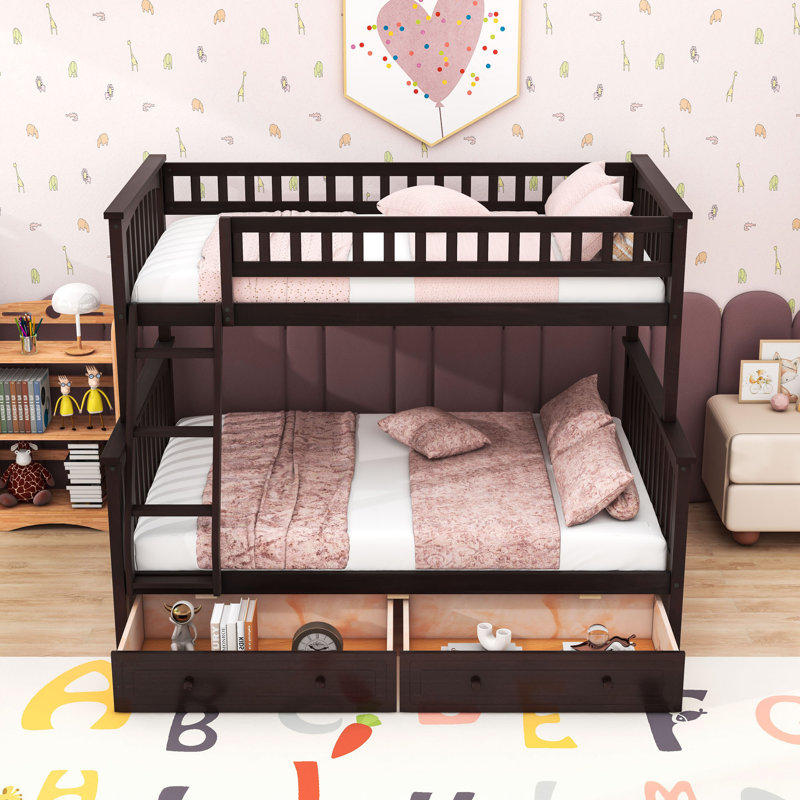 Twin Over Full Wood Bunk Bed With Drawers And Guardrails, Espresso