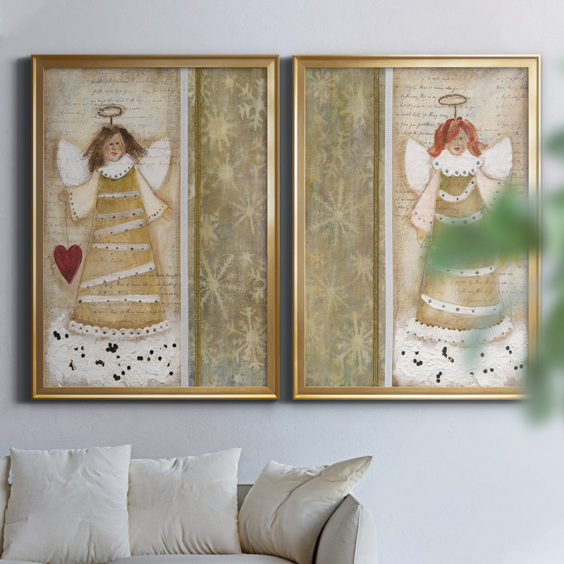 «Cloud Angel with Heart», ensemble de 2 peintures, H 22,5 po x l 61 po x P 1,5 po, Toile encadrée dorée, Pas de tapis