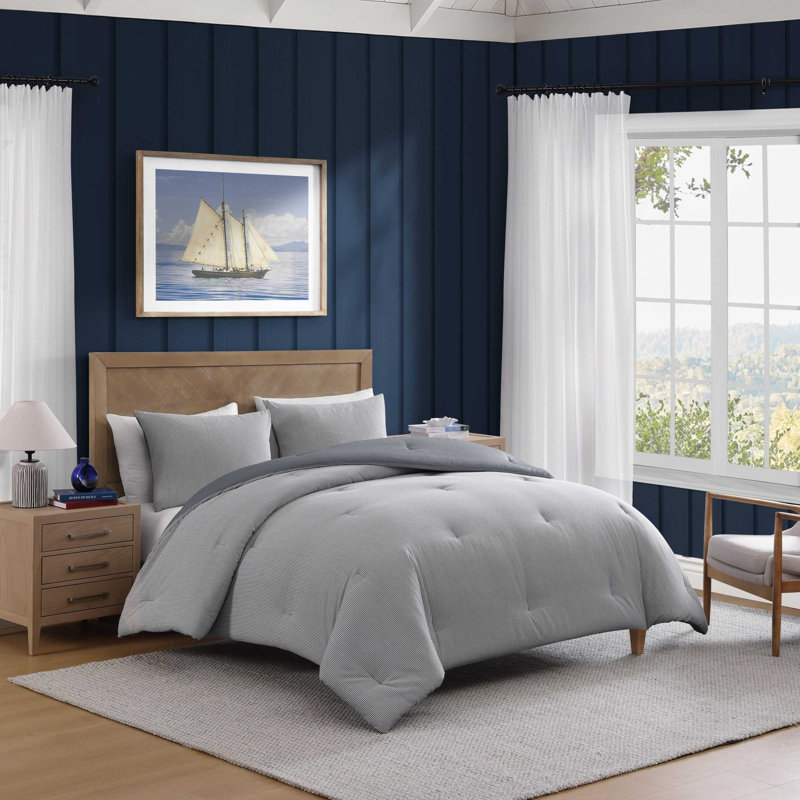 Ensemble d'édredon réversible en coton Tommy Hilfiger, King Comforter + 2 King Shams, Blue Striped