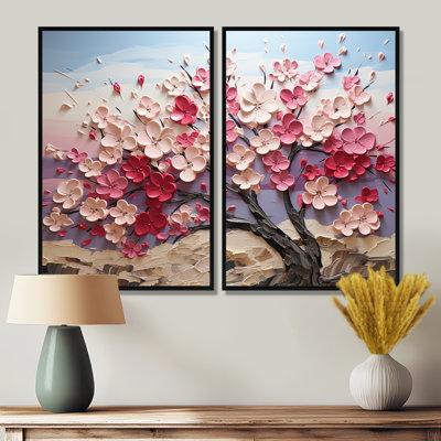 Pink And White Orchid Branches Tree I - Large Tree Wall Decor 2 Pieces