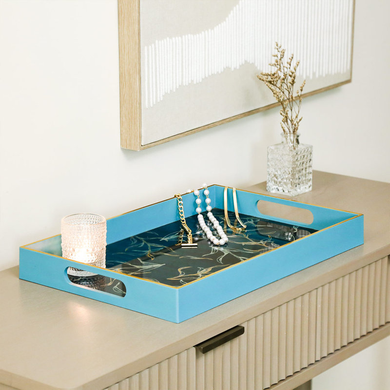 Adryanna 2 piece Glass Decoration Tray for Living Room Decor, Abstract Design Serving Tray, Blue