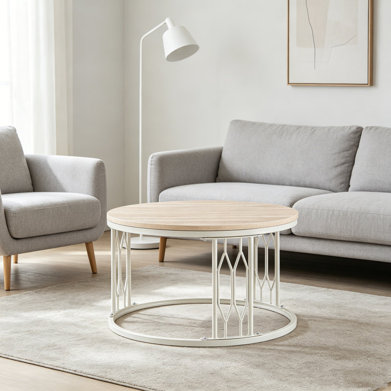 Table basse ronde en bois aggloméré de 27,5 po avec texture effet pierre, table de salon de style Wabi-Sabi avec pieds en métal robustes