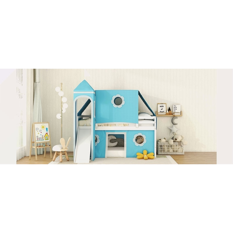 Lit mezzanine simple avec tente et tour à glissière bleue