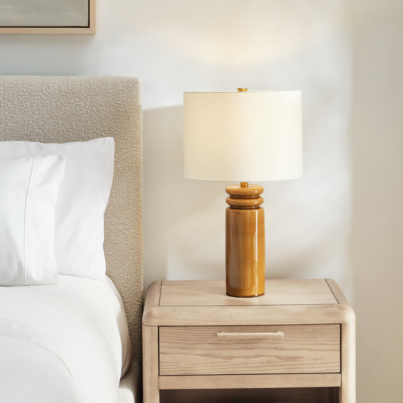 Ellen Degeneres Feikudo 1 Light Bedroom Home Office Living Room Lamp With White Linen Shade, Brown