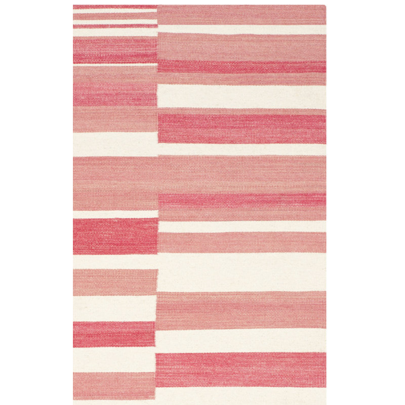 Lobato Kilim Hand Woven Flat Weave Wool/Cotton Striped Rug in Pink/Ivory, Rectangle 4' x 6'
