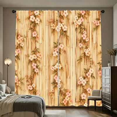 2 Pieces Vintage Floral Bamboo Pattern Light Filtering Curtains with Delicate Flower Vine Design, Bohemian Style Refresh Decor, Easy Hang Rod Pocket Curtain, All-Season for Home Living Room Bedroom Dormitory Decoration