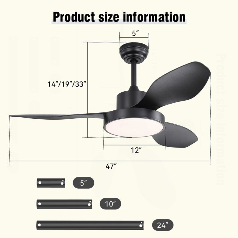 Ventilateur de plafond 47 pouces avec lumière DEL 22W et moteur à courant continu réversible à 6 vitesses pour la chambre à coucher