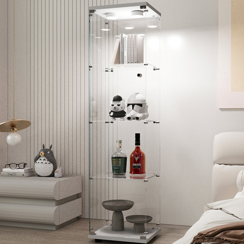 Armoire de rangement en verre trempé de couleur blanche, H 64,97 po x L 15,24 po, l 13,3 po, avec éclairage intégré et pieds réglables pour diverses utilisations avec éclairage à vin blanc, salle de musique au sol inégale