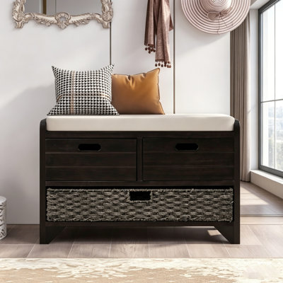 Storage Bench With Removable Basket And 2 Drawers, Fully Assembled Shoe Organizer With Cushion