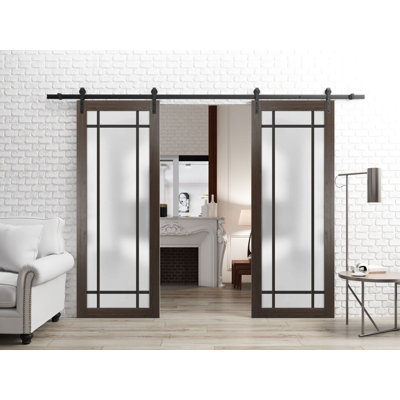 Porte de grange double robuste avec portes en verre givré noir mat 1312 Planum 2112