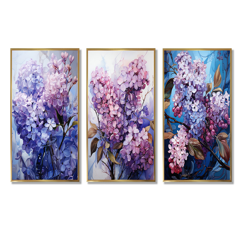 Lilacs Organic Flow Grace - lilas, ensemble de 4 reproductions d'art sur toile, Cadre flottant doré, H 32 po x l 48 po