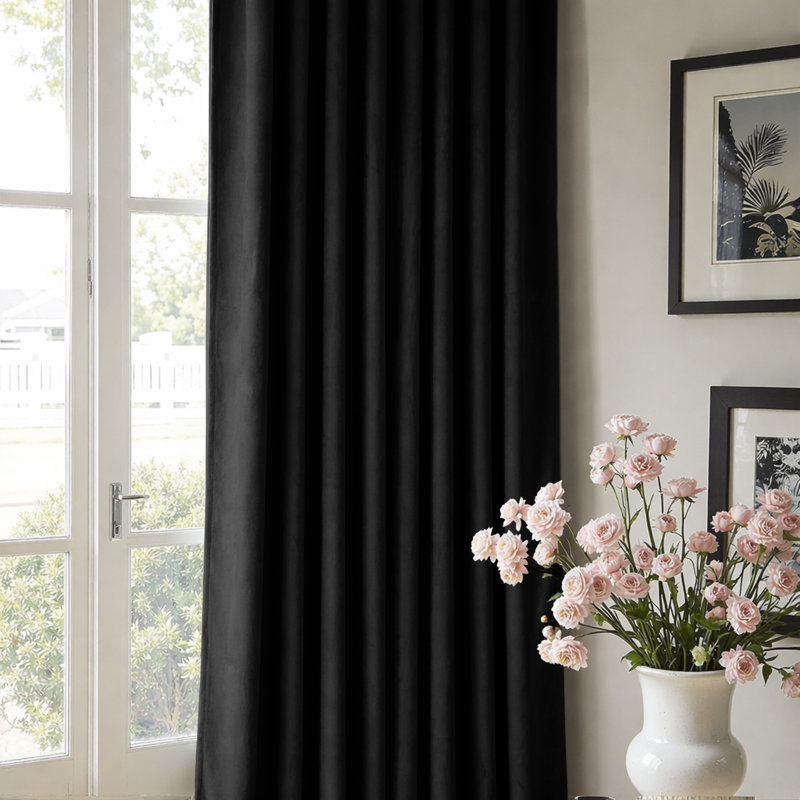 Alsey 100% Velvet Blackout Eyelet Ready Made Curtains & Drapes with matching Tie Backs, (168 Width X 228 Height) cm, Black