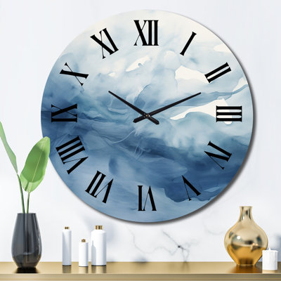 Metal Wall Clock - Blue And White Dancing Watercolor Clouds