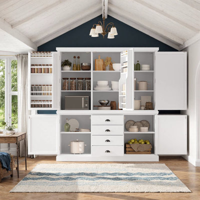 Freestanding Pine Wood Kitchen Pantry Cabinet With Drawers & Adjustable Shelves