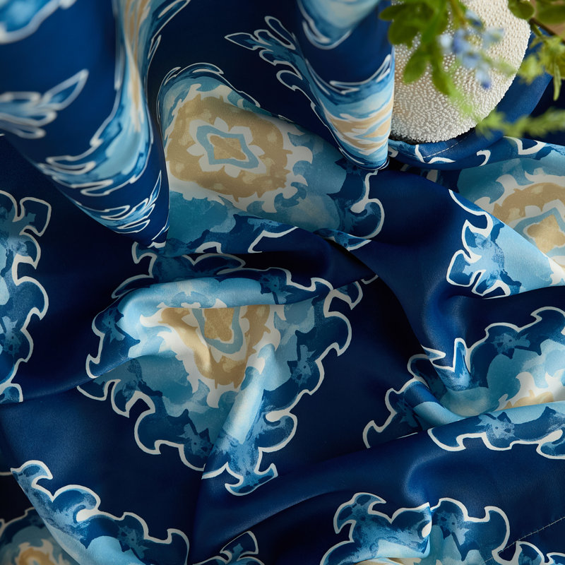 Liam Ogee Ikatt Damask Patterned Window Grommet Curtains Bedroom - Light Blocking Darkening Window Panels, Set of 2 , Blue