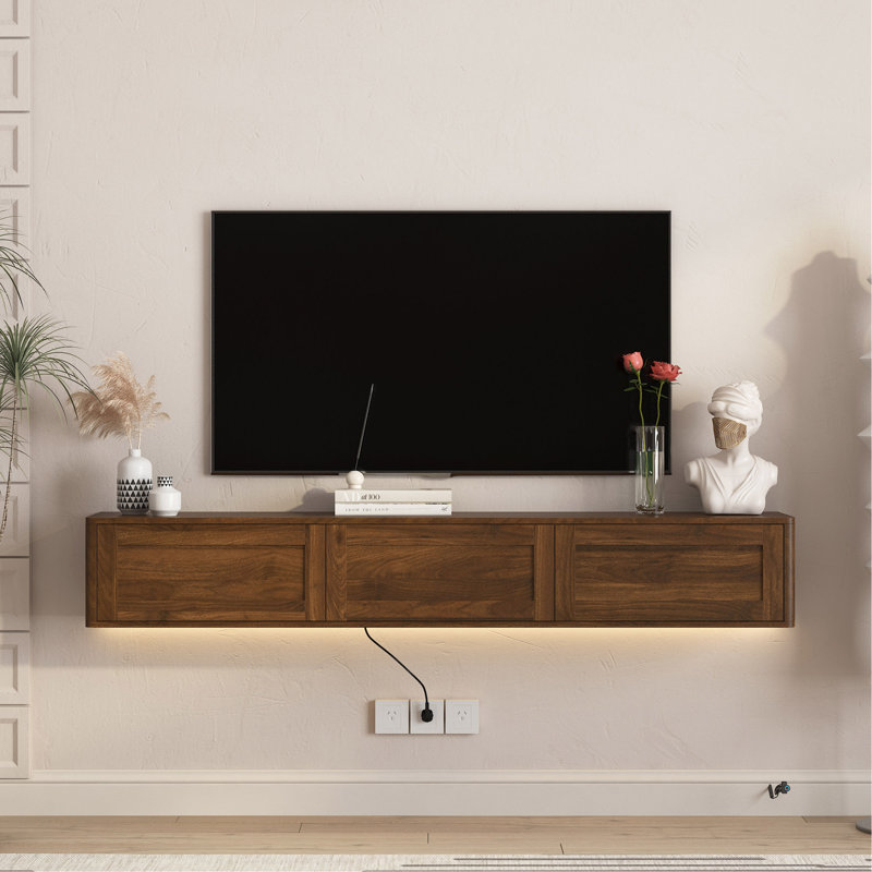 68.9" Wall Mounted TV For Tvs Up To 75'', Floating TV Stand With LED Lights & Power Outlet, Walnut