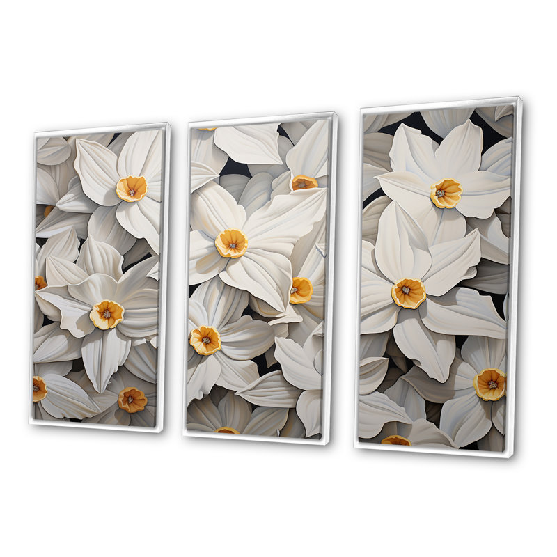 Minimalisme, jonquilles blanches III - ensemble de jonquilles sur toile, Cadre flottant blanc, H 32 po x l 48 po x P 1 po