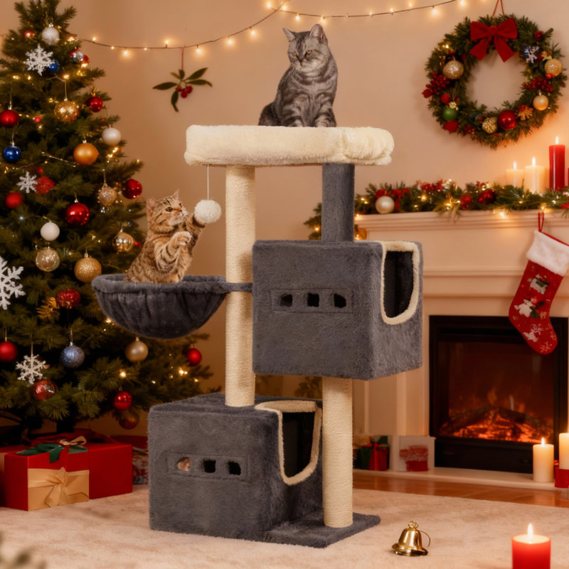 Tour de 39 pouces, poteau à griffes en sisal, tour pour chats pour l'intérieur, arbre à chat stable à plusieurs niveaux avec chat, 2 grottes, pompons, gris foncé