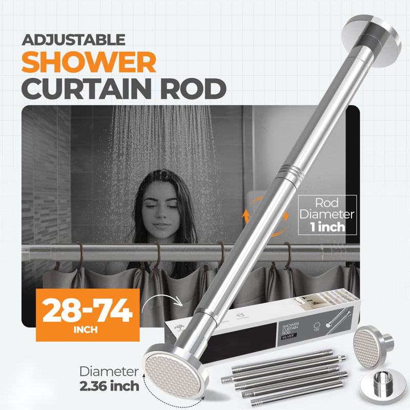 Adjustable Silver Stainless Steel Tension Shower Curtain Rod (28" - 74")