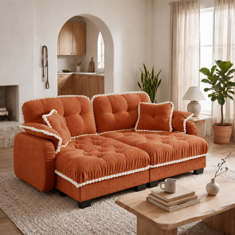 Canapé moderne deux places en forme de U avec 4 coussins, pouf amovible, garniture à pompons, coussins capitonnés, design ergonomique, montage facile, canapé profond pour salon, bureau ou appartement