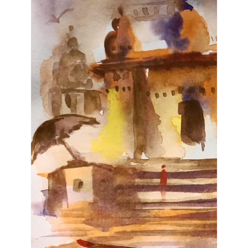 Bateau flottant près du Ghat | Aquarelle sur papier | Par Raj Kumar Singh