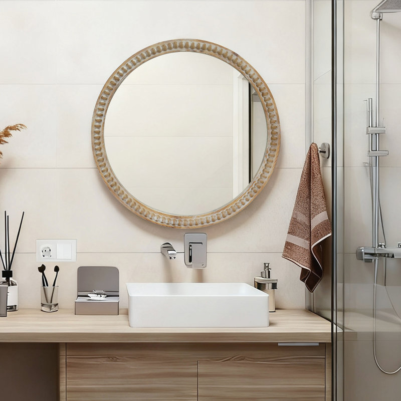 Miroir mural rond rond, cadre en bois vieilli 27,5 po