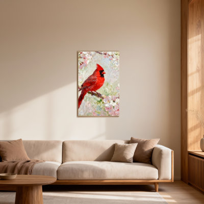 Animals Cardinal Perched Among Cherry Blossoms