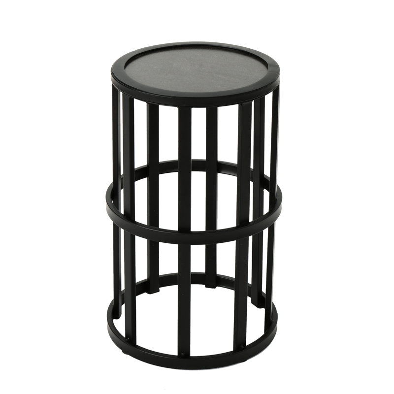Patio Side Table With Grey Ceramic Tile Surface And Stable Iron Frame In Solid For Outdoor Use