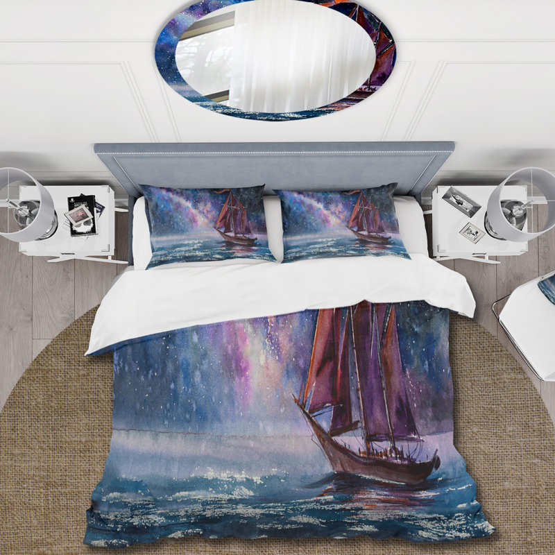 Voilier en bois avec voiles rouges et ciel nocturne brillant - ensemble de housse de couette nautique - microfibre de polyester