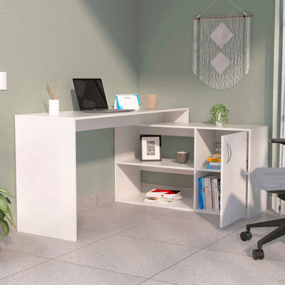 Bureau en L blanc à 1 tiroir et 2 tablettes en L