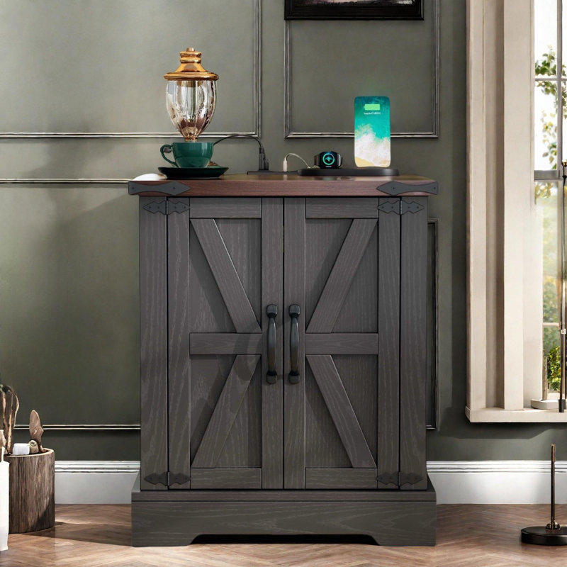 Farmhouse End Table With Charging Station, An Adjustable Shelf And Black Handles And Hinges, Gray
