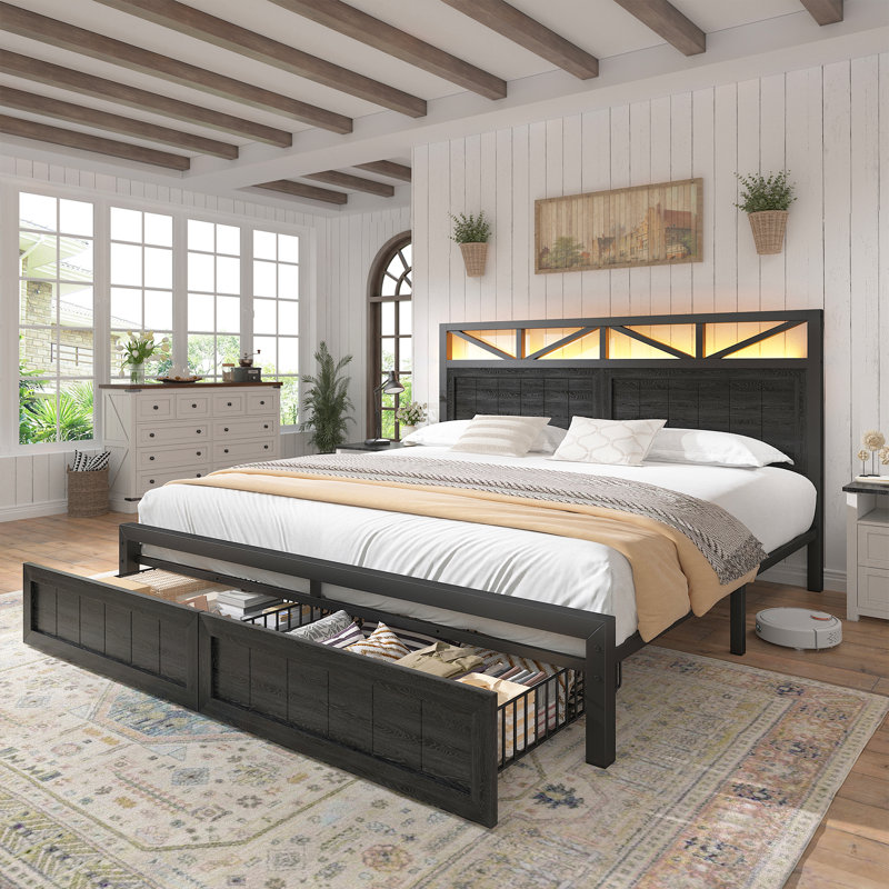 Farmhouse Style Bed Frame with LED Headboard & Storage, Black, Queen