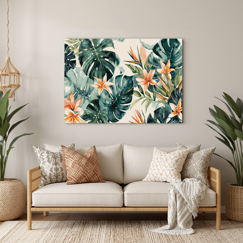Art mural hawaïen en botanique simplifié beige, H 16 po x l 20 po
