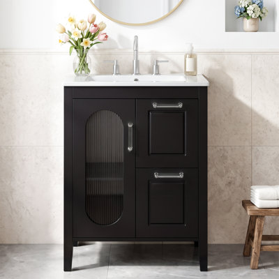 24 Inch White Ceramic Integrated Basin Freestanding Vanity with Black MDF Cabinet,Solid Rubber Wood,2 Drawer with Drawer Slide Rail,1 Door with Hinges,Acrylic Handle,No Faucet,Three-Hole,8" Widespread,Black,Painted Finish
