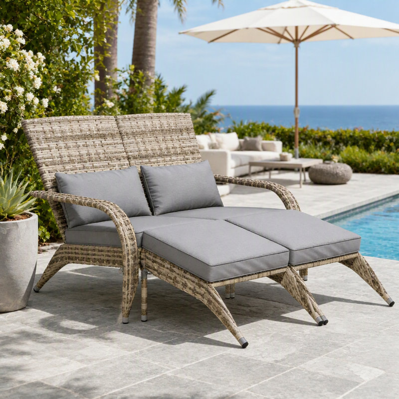 Chaise longue d'extérieur avec dossier haut, Grey Cushion/Yellow Frame