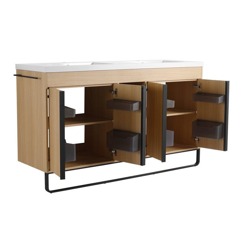 Meuble-lavabo autoportant de 60 po avec double lavabo en résine, porte à fermeture en douceur 4 et support de rangement à 3 ouvertures, emballage KD, contreplaqué