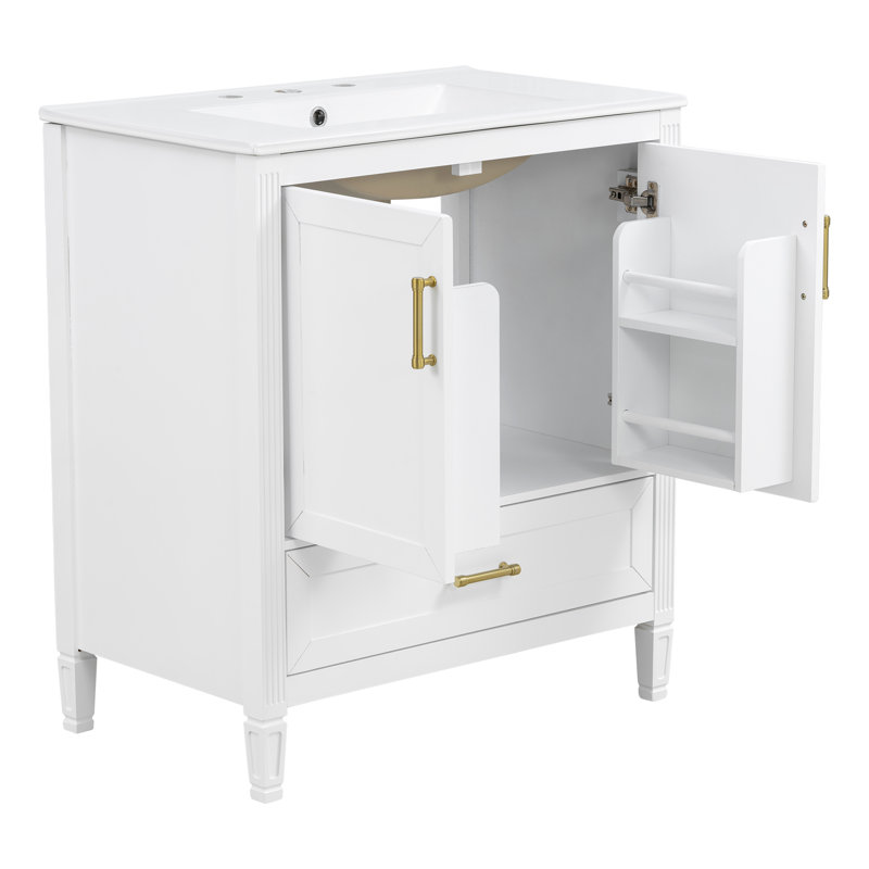 Meuble-lavabo cannelé élégant 30 po avec lavabo en céramique, boîte simple, pieds en bois massif, portes et tiroir à fermeture en douceur, tablette de porte, blanc