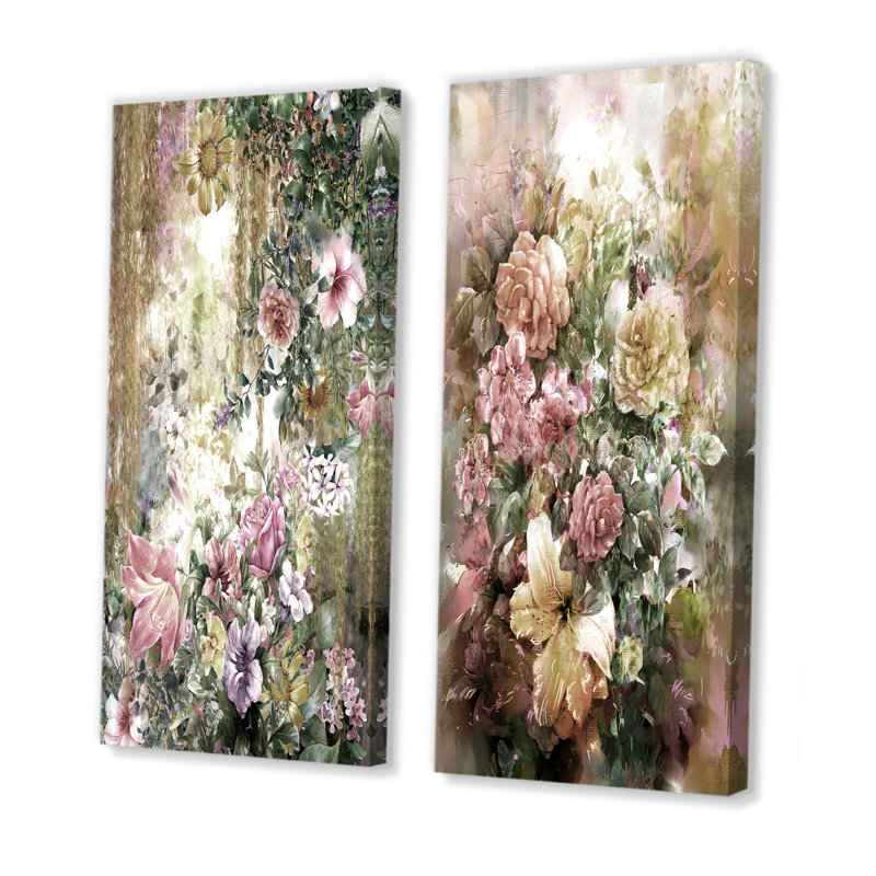 «Grunge Pink Green Summer Flowers», ensemble de 2 peintures sur toiles, Toile tendue, H 40 po x l 40 po x P 1 po