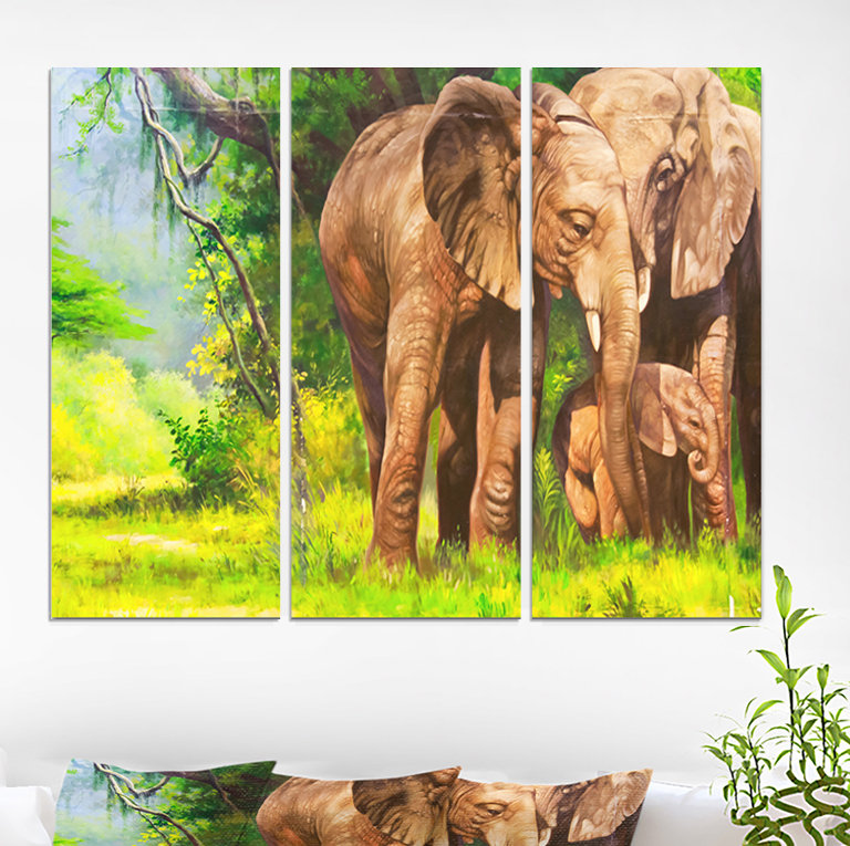 «Elephant in Forest», reproduction de peinture à l'huile à multiples images sur toile tendue