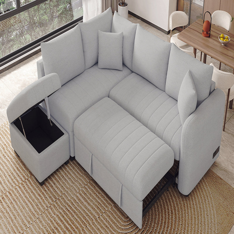 82.6" L-Shaped Sectional Pull Out Sofa Bed Sleeper Sofa With Two Usb Ports, Two Power Sockets And A Movable Storage Ottoman, Gray