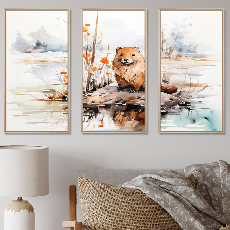 Watercolor Stream Beaver Serenity I - Beaver, art mural, Cadre flottant brun, H 40 po x l 60 po