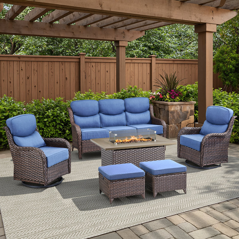 6-Piece Outdoor Wicker Sofa Conversation Set With Swivel Rockers And Fire Pit, Brown, Blue