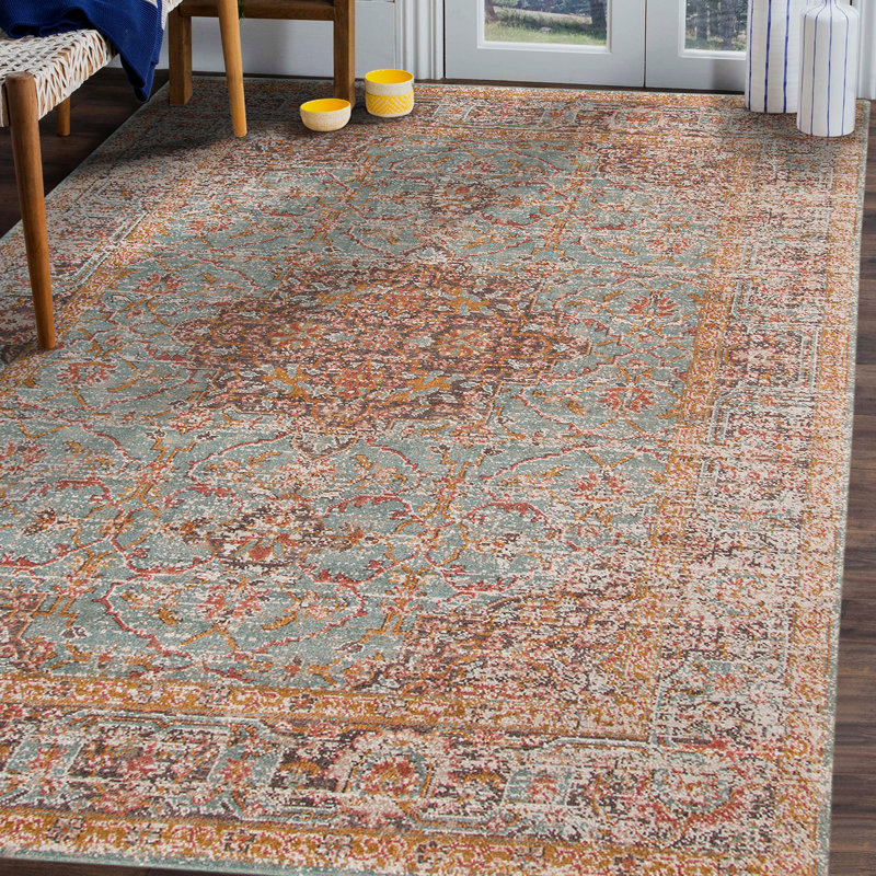 Tapis bleu marine / moutarde Botolphus, Rectangle 8 pi 11 po x 11 pi 11 po