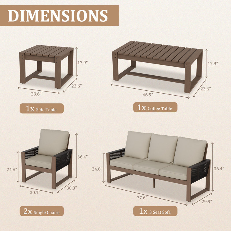 5-Person Patio Sofa Seating Group Cedar Wood Frame Brown Wicker with Cushion, Coffee Tables, Beige