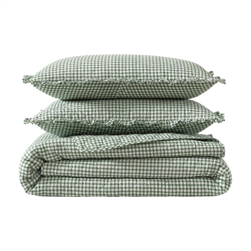 Laura Ashley Gracies Gingham Cotton Reversible Green King Quilt Set, King Quilt + 2 King Pillowcases