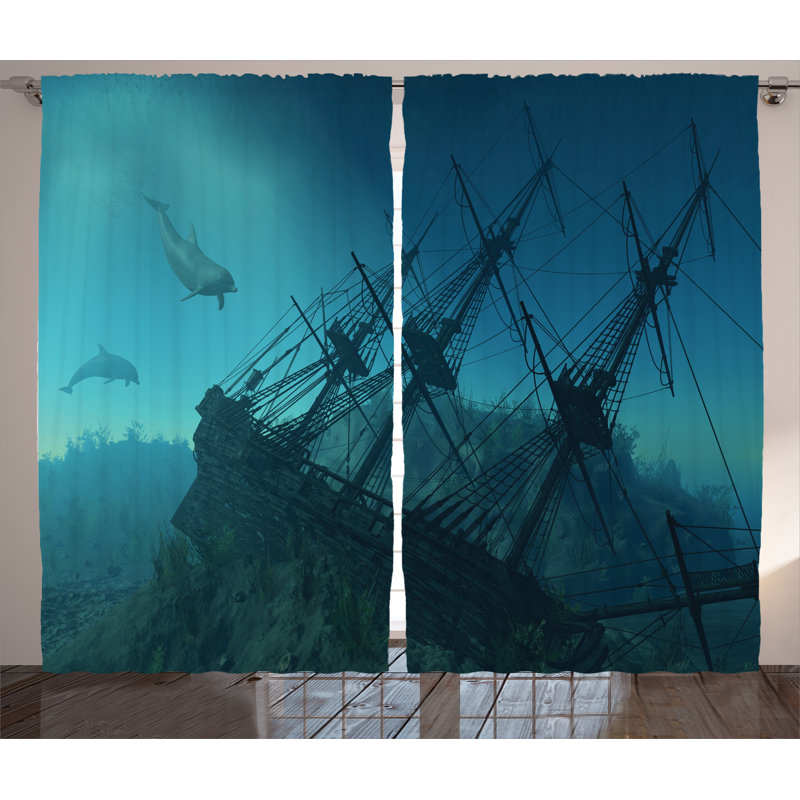 Nautical Underwater Sunken Ship Semi-Sheer Rod Pocket Curtain Panels, 54" x 108"