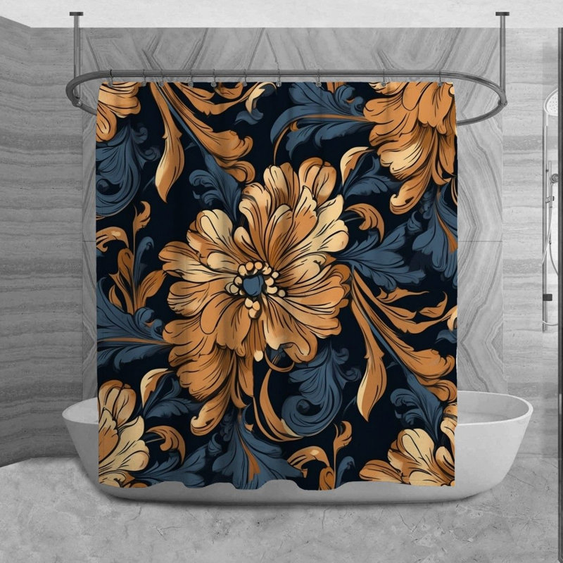 Rideau de douche Acanthus en méditerranéen brun / bleu, H 73 po x l 70 po