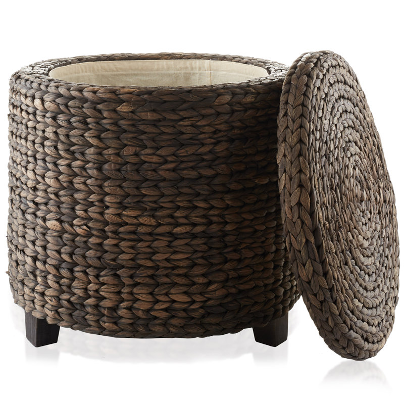  Casafield 17" Round Storage Ottoman with Lid, Water Hyacinth Footrest, Espresso